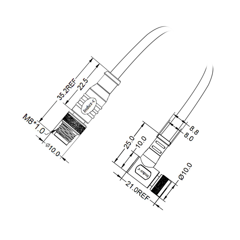 M8 3pins A code male straight to female right angle molded cable, unshielded, PVC, -10°C~+80°C, 24AWG 0.25mm²